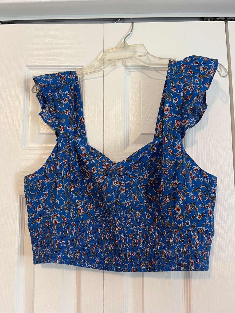 Blue Floral Ruffle-Shoulder Smocked Crop Top